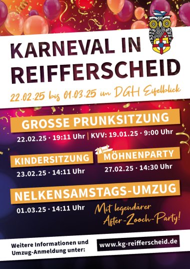 Plakat mit Terminankündigung Karneval in Reifferscheid 22.Februar bis 01. März 2025